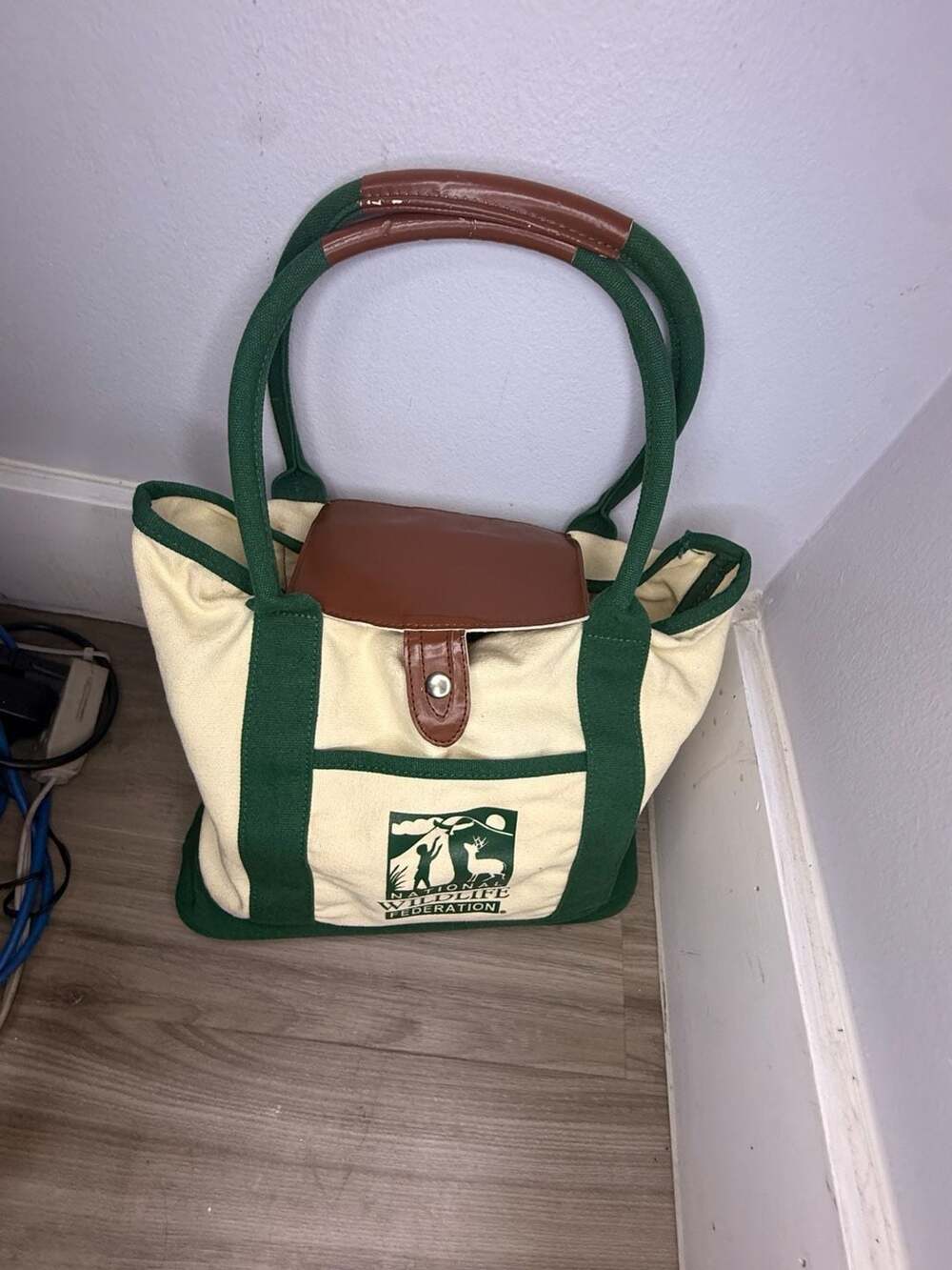 National Wildlife Federation Canvas Tote Bag with Green Trim Snap Closure